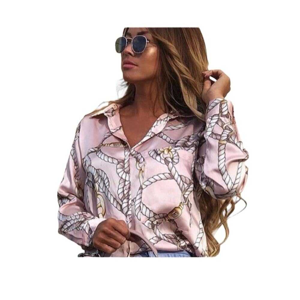 ZARA Knot Rope Oversized Button Down Blouse Blush Pink Collared Size XS